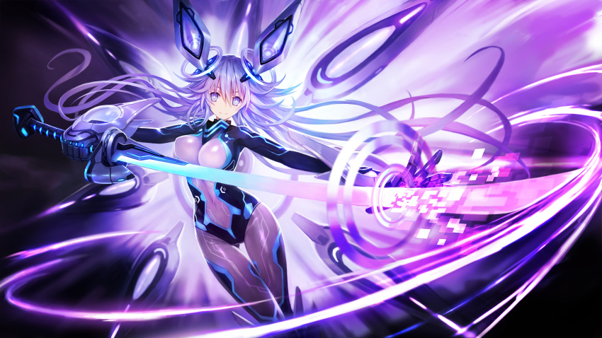 absurdres blue_eyes bodysuit boots breasts commentary_request covered_navel drawing_sword energy_sword gauntlets hair_between_eyes headgear highres holding holding_sword holding_weapon large_breasts long_hair looking_at_viewer materializing multiple_wings neon_trim neptune_(series) next_purple power_symbol purple_hair purple_heart shin_jigen_game_neptune_vii skin_tight smile solo sword symbol-shaped_pupils twintails very_long_hair weapon wings zhuore_zhi_hen
