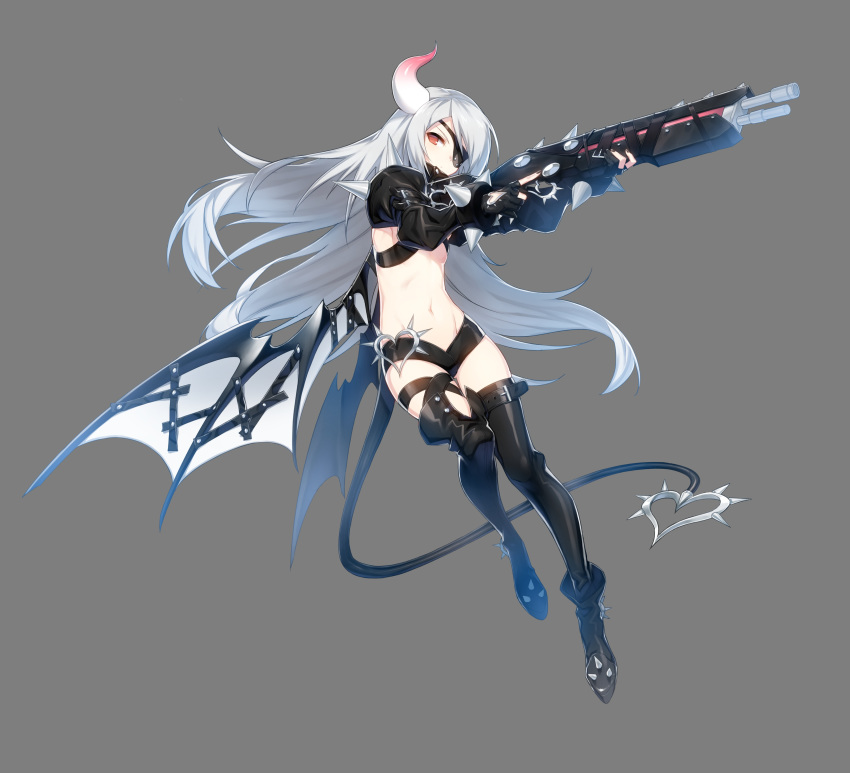 1girl absurdres closers demon_girl demon_tail eyepatch flat_chest gloves gun highres horn leg_up long_hair nail_polish official_art partly_fingerless_gloves red_eyes short_shorts shorts silver_hair solo succubus tail thigh_strap thighhighs tina_(closers) transparent_background trigger_discipline very_long_hair weapon wings