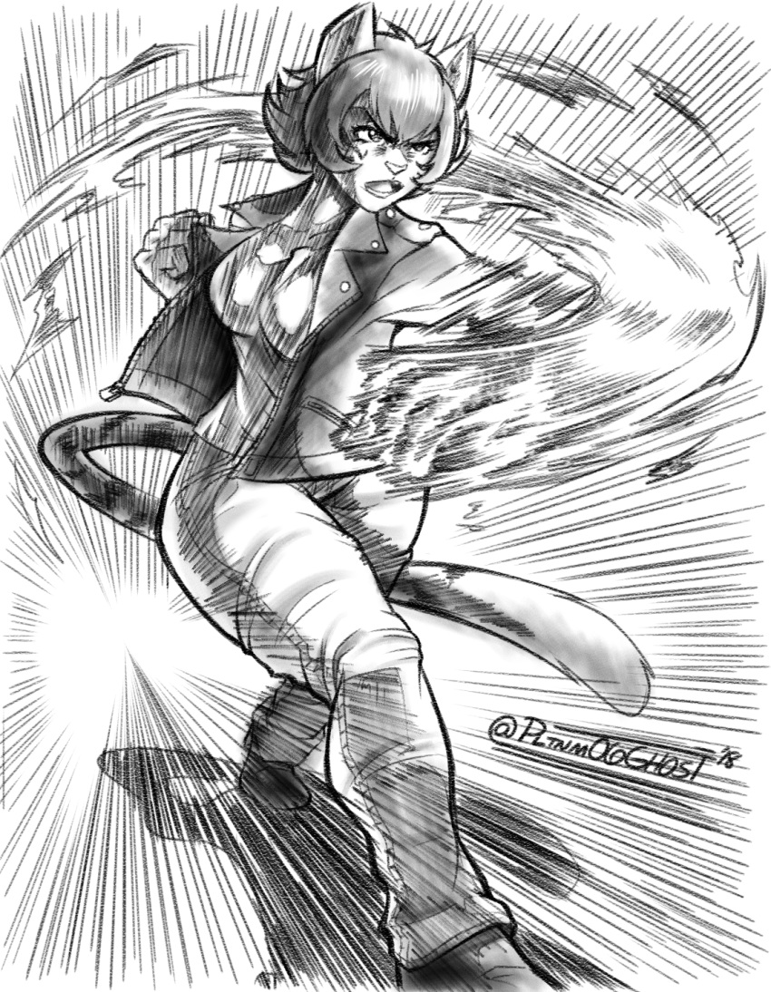 action_pose anthro blaise_shirazi breasts clothing feline female fight fire fur hair hi_res invalid_tag jacket mammal open_mouth pants pltnm06ghost pose punch punching shirt short_hair sketch solo speed_lines stripes tiger