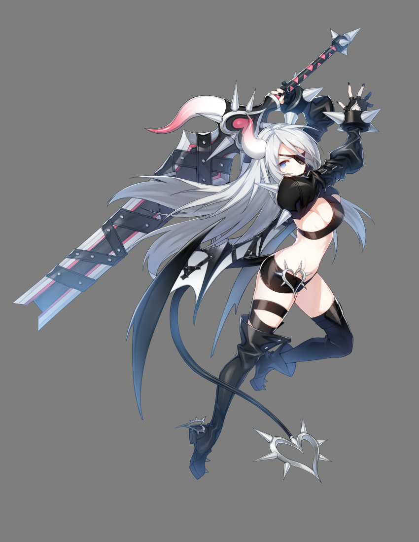 1girl absurdres ahoge armor ass black_legwear blue_eyes boots breasts closers demon_girl demon_tail eyepatch full_body heels horns monster_girl nail_polish red_star_alliance solo sword tail thighhighs transparent_png violet_(closers) weapon wings