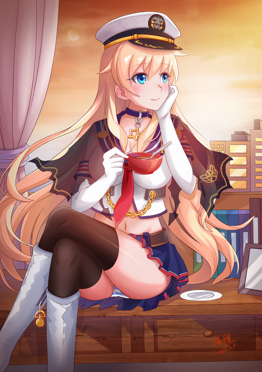 absurdres belt black_legwear blonde_hair blue_eyes blush breasts capelet chain choker cityscape crossed_legs cup elbow_gloves enterprise_(zhan_jian_shao_nyu) gloves hand_on_own_cheek hat highres holding holding_cup large_breasts long_hair midriff panties pantyshot pantyshot_(sitting) peaked_cap qq1065091829 shirt sitting skirt sleeveless sleeveless_shirt smile solo striped striped_panties thighhighs underwear very_long_hair zhan_jian_shao_nyu