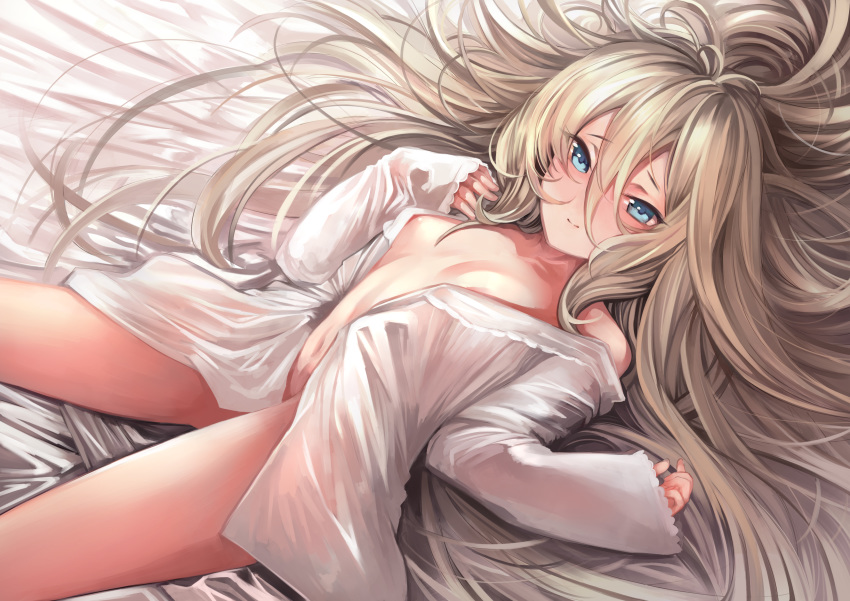 bangs bare_legs bed bed_sheet blue_eyes blush bottomless breasts closed_mouth cowboy_shot dutch_angle eyebrows_visible_through_hair hair_between_eyes highres kokkoro_(princess_connect!) long_hair long_sleeves looking_at_viewer lying navel no_bra on_back open_clothes oversized_clothes princess_connect! princess_connect!_re:dive shirt sleeves_past_wrists small_breasts smile solo tahnya white_hair white_shirt