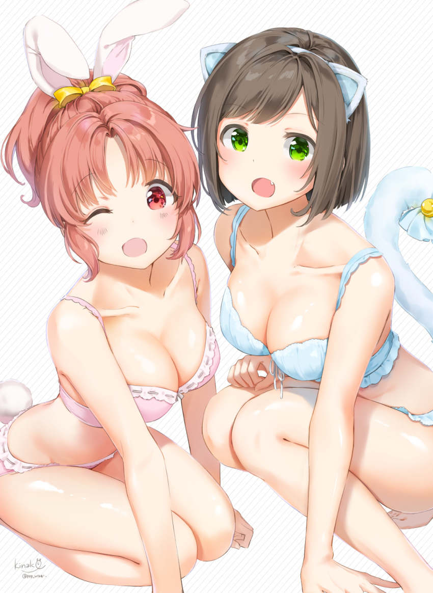 :d ;d abe_nana animal_ears arm_support bangs bare_arms bare_shoulders barefoot blue_bra blue_panties blue_ribbon blush bra breasts bunny_ears bunny_tail cat_ears cat_tail cleavage collarbone commentary_request eyebrows_visible_through_hair fake_animal_ears fang green_eyes highres idolmaster idolmaster_cinderella_girls large_breasts leaning_forward looking_at_viewer maekawa_miku multiple_girls one_eye_closed open_mouth panties parted_bangs pink_bra pink_panties ponytail revision ribbon ribbon-trimmed_bra seiza shiny shiny_skin shiratama_akane short_hair signature simple_background sitting smile squatting striped striped_background swept_bangs tail tail_ribbon tareme thighs underwear underwear_only white_background