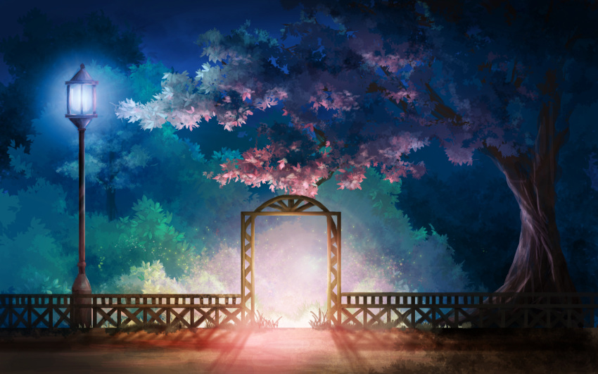 commentary_request dark fence grass highres lamppost landscape leona_(yun_laurant) light night no_humans original outdoors park scenery tree wooden_fence