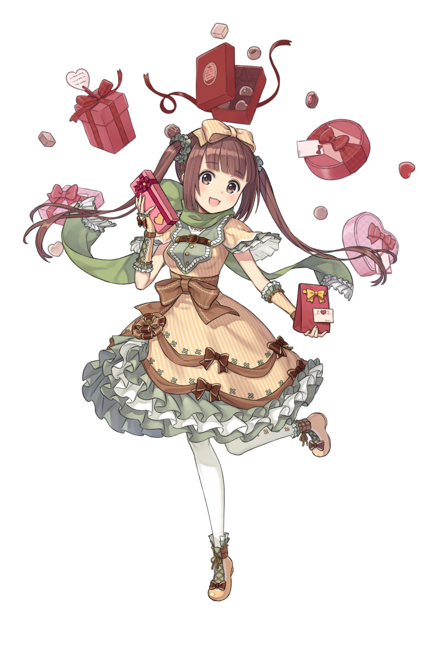 :d blush bow box box_of_chocolates brown_eyes brown_hair chocolate chocolate_heart dress eyebrows_visible_through_hair floating floating_object full_body gift gift_box green_scarf hair_bow heart heart-shaped_box highres holding holding_gift kisaragi_(princess_principal) leg_up long_hair looking_at_viewer official_art open_mouth pantyhose princess_principal princess_principal_game_of_mission scarf smile solo standing standing_on_one_leg transparent_background twintails white_legwear yellow_dress yellow_footwear