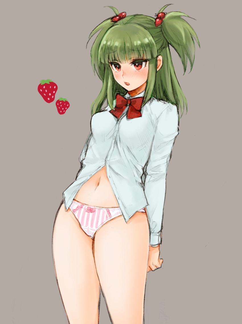 arms_behind_back bangs beatmania beatmania_iidx blunt_bangs bow bowtie breasts colored_eyelashes commentary_request cowboy_shot dress_shirt food fruit green_hair grey_background hair_bobbles hair_ornament highres hishimiya_tsugaru long_hair long_sleeves medium_breasts mironomeo navel no_pants panties pink_panties red_bow red_eyes red_neckwear shiny shiny_hair shirt sidelocks simple_background sketch solo standing stomach strawberry striped thighs two_side_up underwear vertical-striped_panties vertical_stripes