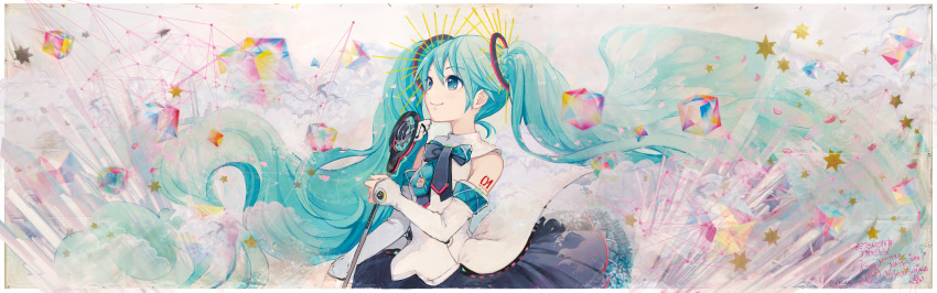 absurdres aqua_eyes aqua_hair commentary_request detached_sleeves floating_hair hatsune_miku highres ixima long_hair microphone nail_polish number_tattoo skirt solo tattoo traditional_media twintails very_long_hair vocaloid