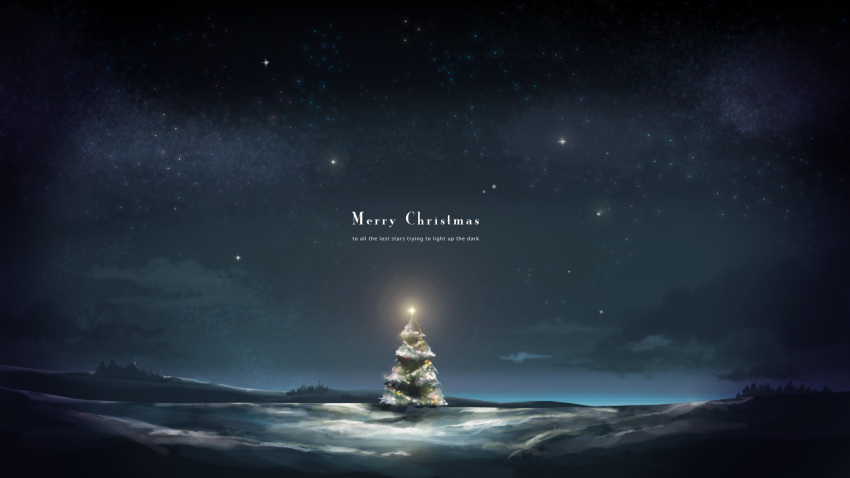 christmas_ornaments christmas_tree cloud commentary_request english highres landscape leona_(yun_laurant) merry_christmas night night_sky no_humans original outdoors pine_tree scenery sky star_(sky) starry_sky text_focus tree