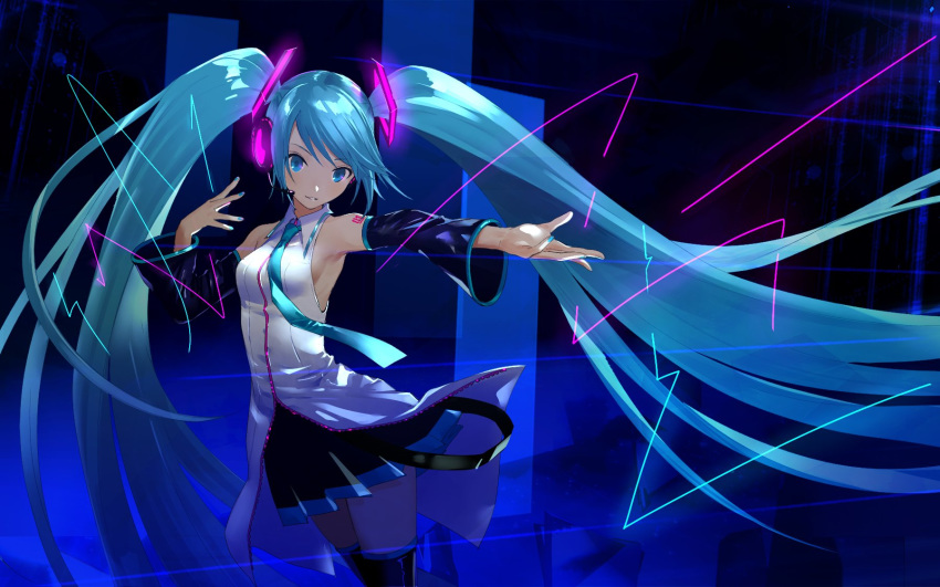 abstract_background aqua_neckwear armpits arms_up bare_shoulders black_legwear black_skirt blue_eyes blue_hair blue_nails blush collared_shirt commentary_request detached_sleeves eyebrows_visible_through_hair glowing hatsune_miku headset highres long_hair long_sleeves miniskirt nail_polish necktie outstretched_arm parted_lips pleated_skirt shiny shiny_hair shirt shoulder_tattoo skirt smile solo tattoo thighhighs twintails urata_asao very_long_hair vocaloid white_shirt wing_collar zettai_ryouiki