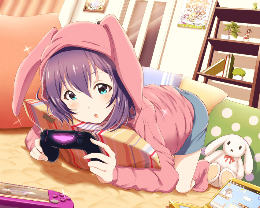 :o :x absurdres animal_hood bangs blue_eyes blue_shorts blush book bunny_hood carpet commentary_request controller curtains door dualshock dutch_angle figure flower_pot foreshortening full_body game_controller gamepad glint handheld_game_console highres holding hood hood_up hoodie idolmaster idolmaster_million_live! indoors long_sleeves mochizuki_anna nintendo_ds on_floor open_mouth pillow pink_legwear plant playing_games playstation_vita polka_dot poster_(object) potted_plant purple_hair shelf shiny shiny_hair shiokazunoko short_hair shorts socks solo sony stuffed_animal stuffed_bunny stuffed_toy