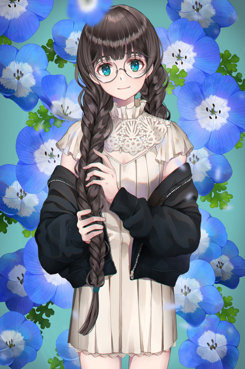 bangs black-framed_eyewear black_jacket blue_background blue_flower blunt_bangs blush braid brown_hair cleavage_cutout closed_mouth commentary_request cowboy_shot dress flower glasses hair_tie head_tilt highres jacket long_hair long_sleeves nemophila_(flower) off_shoulder open_clothes open_jacket original playing_with_own_hair round_eyewear shiny shiny_hair short_sleeves smile solo standing tareme twin_braids unzipped usamochi. very_long_hair white_dress zipper