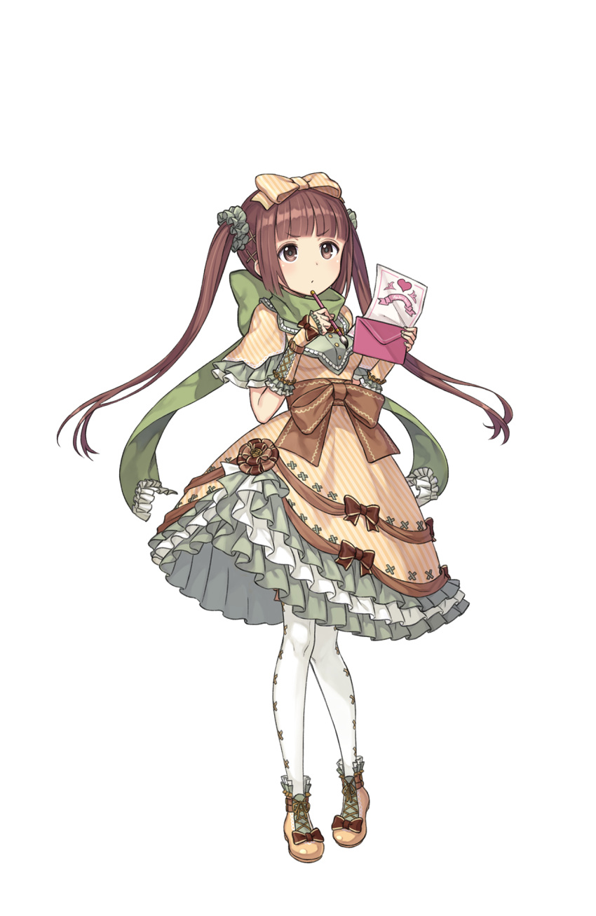 bow brown_eyes brown_hair dress envelope full_body green_scarf hair_bow heart highres kisaragi_(princess_principal) letter long_hair looking_at_viewer official_art paintbrush pantyhose pensive princess_principal princess_principal_game_of_mission scarf solo standing transparent_background twintails white_legwear yellow_dress yellow_footwear
