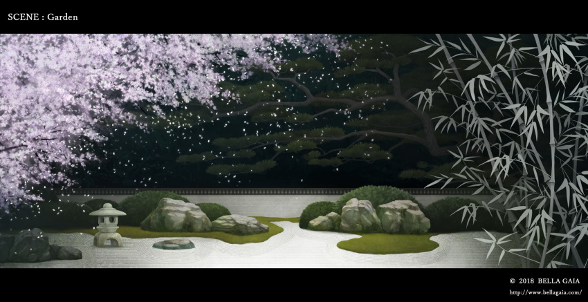 bamboo cherry_blossoms grass highres letterboxed night no_humans original outdoors petals rock rock_garden sachi_(yumemayoi) scenery stone_lantern tree watermark web_address