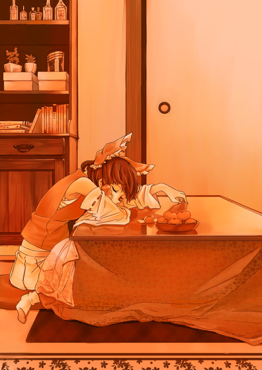 absurdres book book_stack bottle bow box brown_hair cabinet carpet closed_eyes commentary_request detached_sleeves door drawer food frilled_bow frills fruit gyosai hair_bow hair_tubes hakurei_reimu hand_on_table hand_rest head_on_table highres indoors kotatsu liquor mandarin_orange midriff_peek pillow plant red_bow red_shirt reflection resting rug sarashi shirt sitting socks solo table touhou vase wall wariza