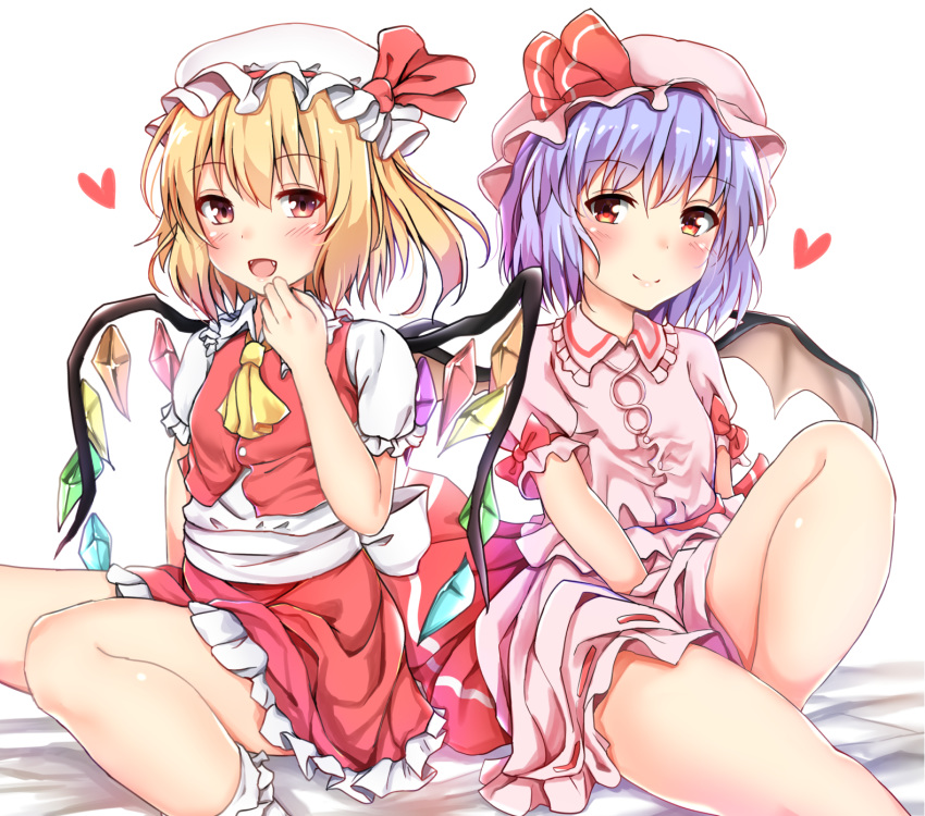 :d bat_wings between_legs blonde_hair closed_mouth commentary eyebrows_visible_through_hair fangs feet_out_of_frame flandre_scarlet foot_out_of_frame frilled_shirt_collar frilled_skirt frills gem hand_between_legs hat hat_ribbon heart highres knee_up lavender_hair looking_at_viewer mob_cap multiple_girls one_side_up open_mouth pikacchi pink_shirt pink_skirt red_eyes red_hair red_ribbon red_skirt red_vest remilia_scarlet ribbon ribbon-trimmed_skirt ribbon-trimmed_sleeves ribbon_trim sash shirt short_hair short_sleeves siblings simple_background sisters sitting skirt smile touhou vest white_background white_legwear white_shirt wings yellow_neckwear