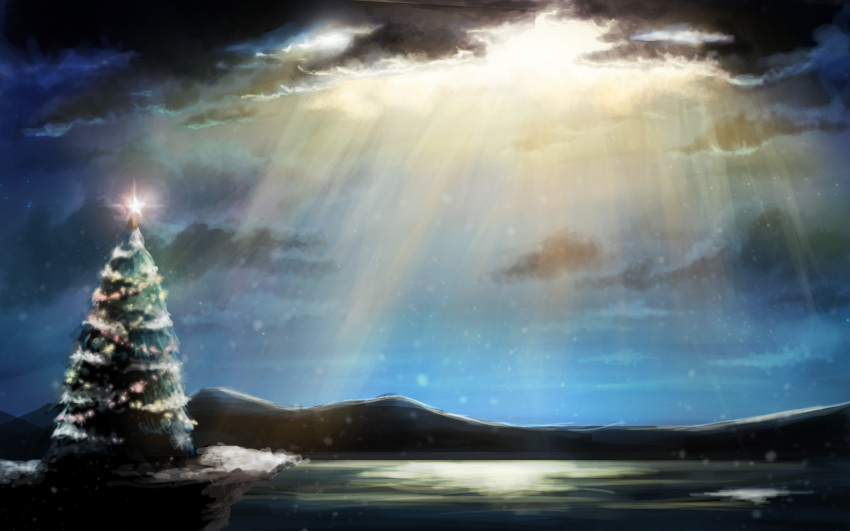 christmas_ornaments christmas_tree cliff cloud cloudy_sky commentary_request glowing highres landscape leona_(yun_laurant) mountain night night_sky no_humans ocean original outdoors pine_tree scenery sky snow snowing star_(sky) starry_sky tree water