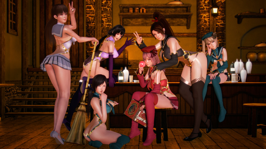 3d 6+girls 6girls ass back bare_arms bare_shoulders bent_knees black_hair blonde_hair breasts brown_hair butt_crack cleavage curvy dark_skin dead_or_alive earrings elbow_gloves fatal_fury female gloves honey_select honoka_(doa) ii_naotora_(sengoku_musou) indoors jewelry kasumi_(doa) king_of_fighters kokoro_(doa) long_hair marie_rose metagraphy miniskirt multiple_girls pink_hair ponytail sengoku_musou shiranui_mai shoes sitting skirt source_filmmaker thick_tighs thighs thong tied_hair twintails wide_hips