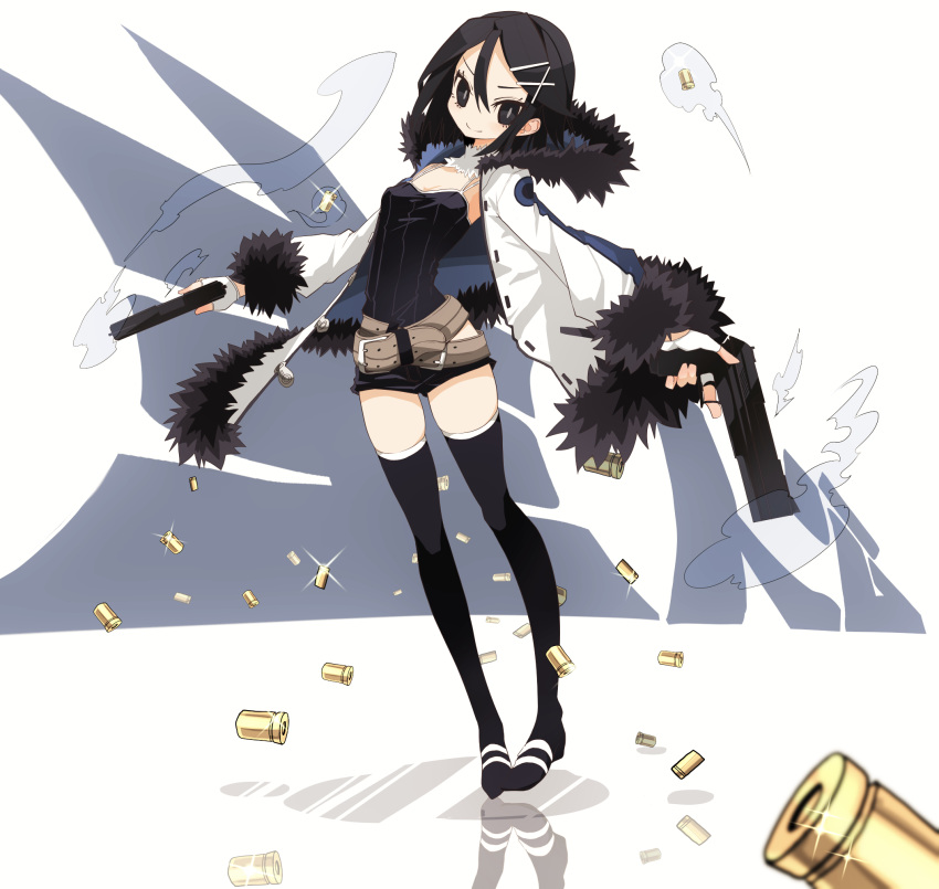 asagiri_asagi belt black_eyes black_hair breasts commentary disgaea dual_wielding full_body gun hair_ornament hairclip highres holding looking_at_viewer naruwe nippon_ichi pigeon-toed short_hair short_shorts shorts small_breasts smile solo thighhighs weapon