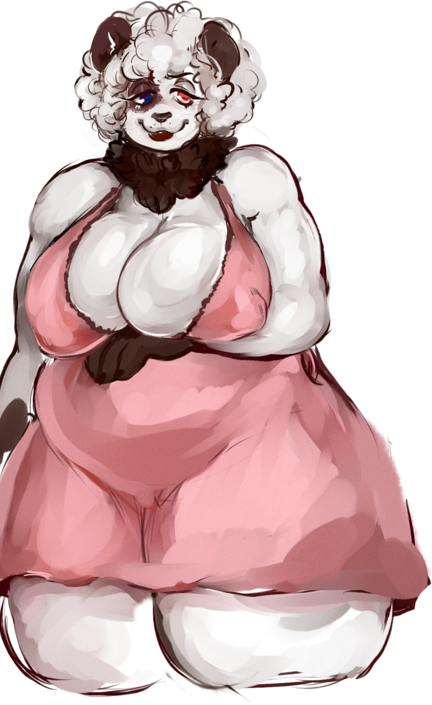 2018 anthro arm_under_breasts bear big_breasts biped black_claws black_fur black_markings black_nose blue_eyes breasts chemise claws cleavage clothed clothing curly_hair digital_drawing_(artwork) digital_media_(artwork) eye_markings eyelashes female front_view fur gloves_(marking) guwu hair half-closed_eyes half-length_portrait heterochromia huge_breasts looking_away mammal markings mature_female multicolored_fur mumsie_(guwu) neck_tuft nightgown nipple_bulge overweight overweight_female panda pink_clothing pink_eyes portrait short_hair simple_background smile solo standing thick_thighs tuft two_tone_fur white_background white_fur white_hair