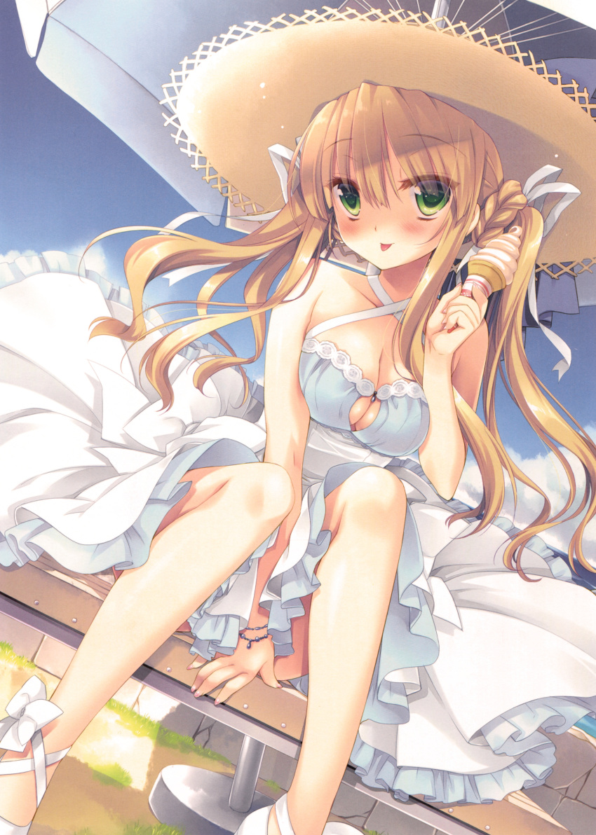 :p absurdres between_legs blonde_hair blush bracelet breasts brown_hair cleavage cleavage_cutout collarbone day dress dutch_angle eyebrows eyebrows_visible_through_hair food green_eyes hair_ribbon hand_between_legs highres holding ice_cream jewelry long_hair medium_breasts miyasu_risa non-web_source original outdoors ribbon scan sidelocks sitting solo sundress tongue tongue_out twintails