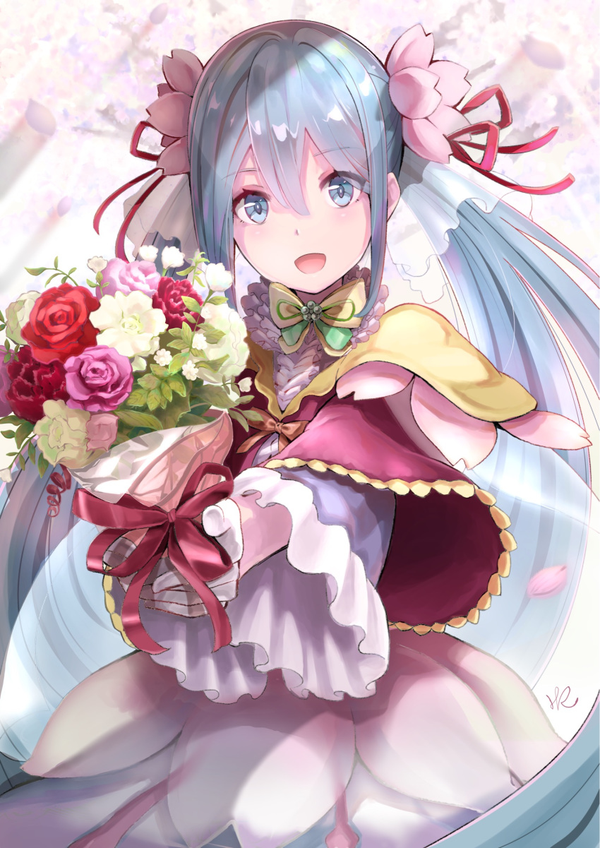 blue_eyes blue_hair bouquet cherry_blossoms commentary_request dress eyebrows_visible_through_hair flower gloves hair_between_eyes hatsune_miku highres hoshizaki_reita long_hair open_mouth solo twintails very_long_hair vocaloid