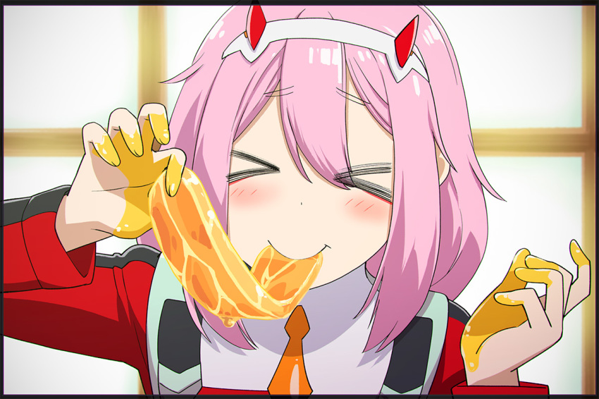 &gt;_&lt; color_connection commentary_request cosplay darling_in_the_franxx eating food good hair_color_connection hairband horns kagamihara_nadeshiko long_hair oni_horns partial_commentary pink_hair red_horns season_connection solo ueyama_michirou uniform white_hairband yurucamp zero_two_(darling_in_the_franxx) zero_two_(darling_in_the_franxx)_(cosplay)