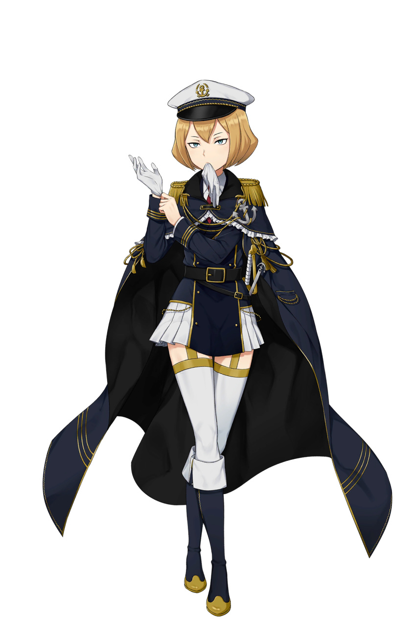 anchor belt black_footwear blue_eyes boots cape epaulettes full_body gloves hair_between_eyes hat highres knee_boots looking_at_viewer mouth_hold official_art princess_principal princess_principal_game_of_mission sheath sheathed short_hair skirt solo standing sword transparent_background uniform weapon white_gloves white_hat white_legwear white_skirt zelda_(princess_principal)