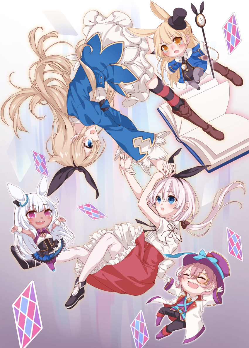4girls absurdres alice_(grimms_notes) alice_(wonderland) alice_in_wonderland animal_ears belt black_legwear black_leotard blonde_hair blue_coat blue_eyes blue_skirt boots braid brown_eyes bunny_ears bunny_tail card character_request chibi closed_eyes coat dark_skin grimms_notes hat highres holding_hands knee_boots leotard long_hair monocle multiple_girls open_mouth outstretched_arms pantyhose playing_card pocket_watch ponytail purple_eyes red_skirt renkon_(re_n_k_n) ribbon shirt shoes silver_hair skirt smile staff striped striped_legwear tail tears thighhighs top_hat upside-down watch white_coat white_legwear white_shirt white_skirt wrist_cuffs