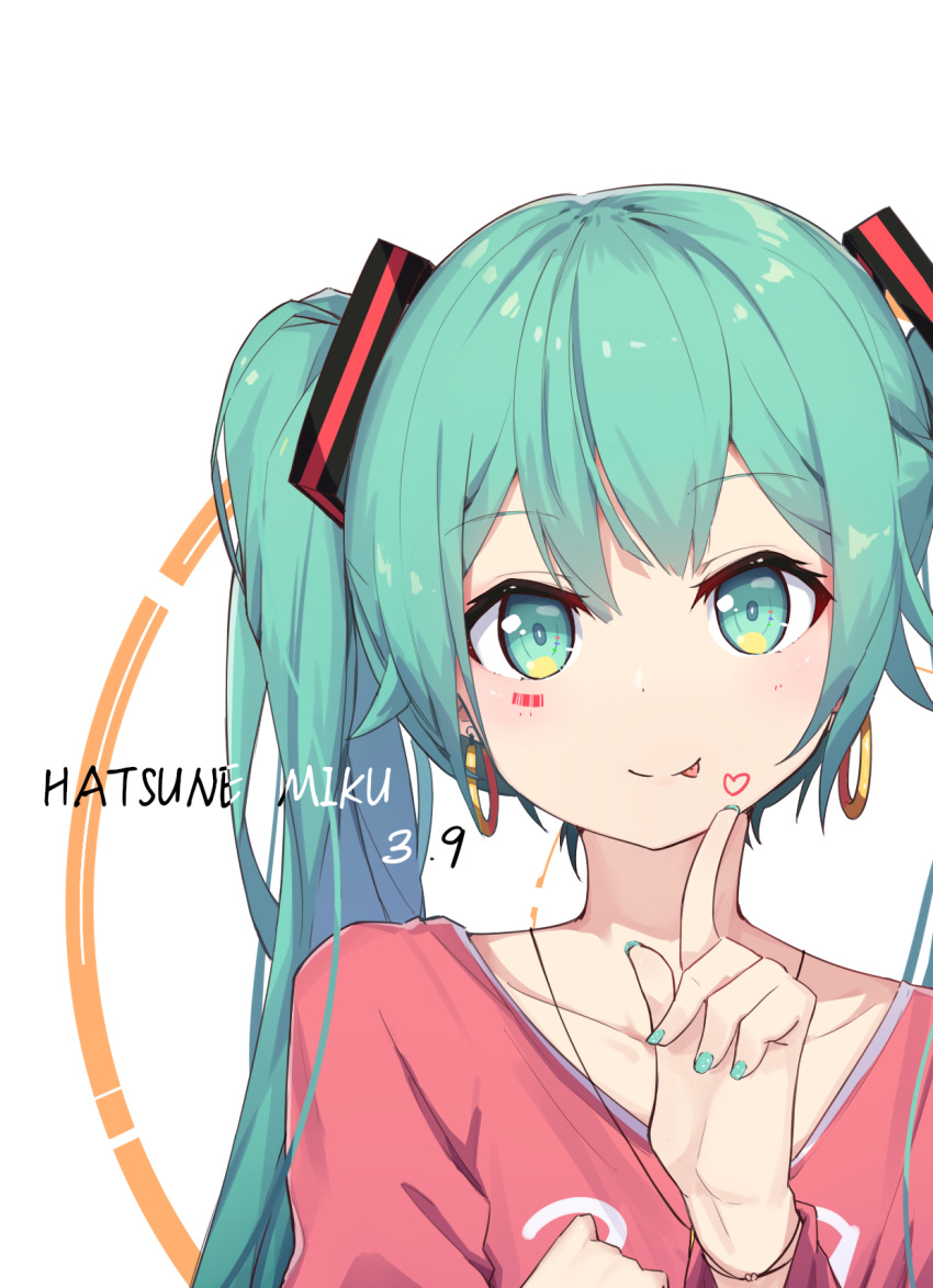 39 :p barcode_tattoo bracelet character_name earrings green_eyes green_hair hatsune_miku highres jewelry long_hair looking_at_viewer nail_polish necklace one_eye_closed solo tattoo tongue tongue_out twintails upper_body vocaloid white_background zhayin-san