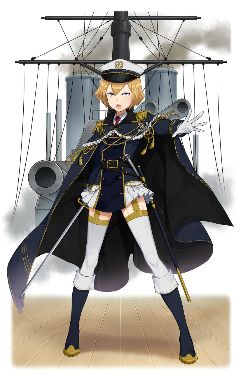:o anchor belt black_footwear blue_eyes boots cannon epaulettes full_body garter_straps gloves hair_between_eyes hat highres holding holding_sword holding_weapon knee_boots looking_at_viewer mast official_art outstretched_hand princess_principal princess_principal_game_of_mission short_hair skirt smokestack solo standing sword transparent_background uniform v-shaped_eyebrows weapon white_gloves white_hat white_legwear white_skirt zelda_(princess_principal)