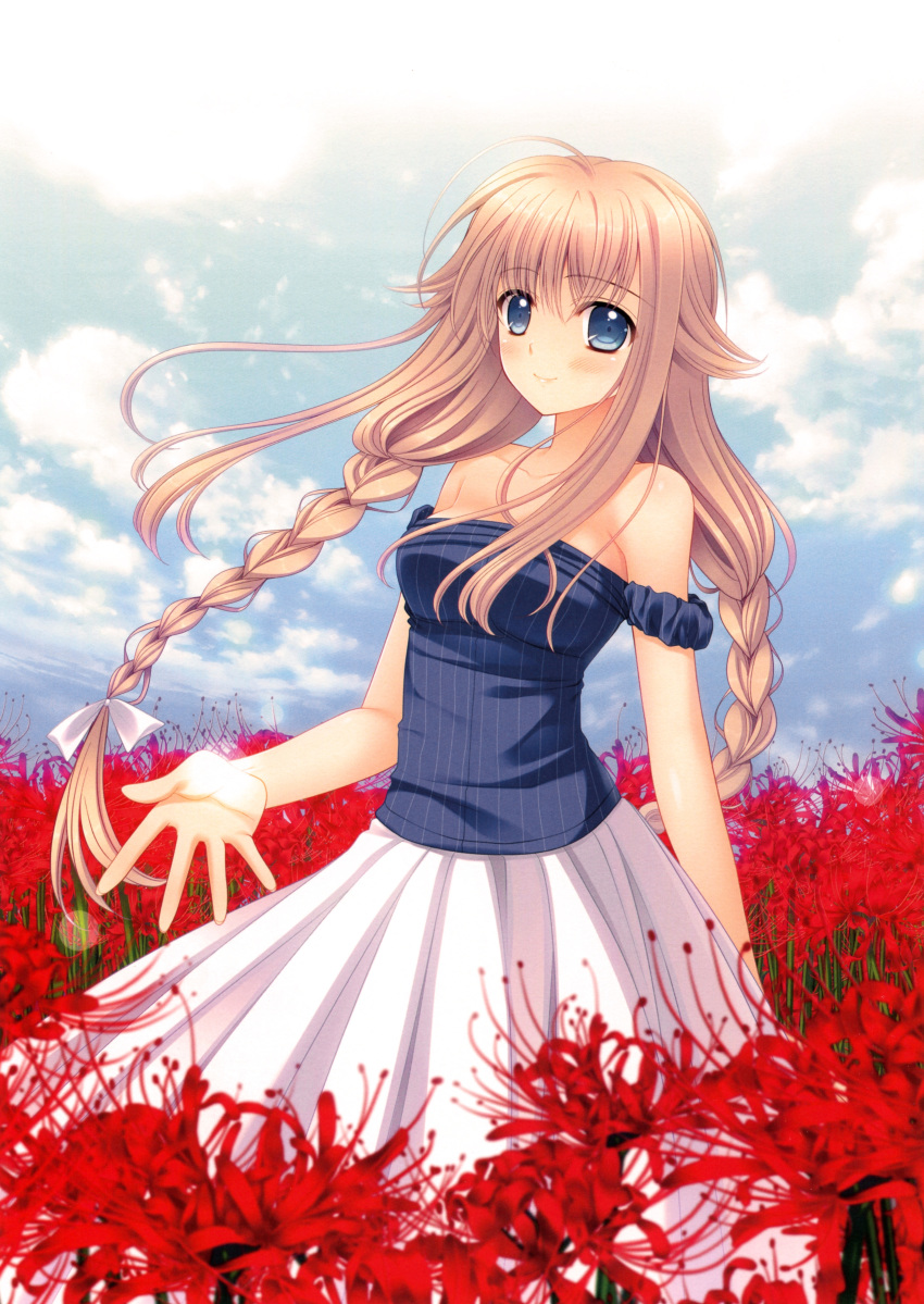 absurdres bare_shoulders blue_eyes bow braid cloud cloudy_sky collarbone day dress eyebrows eyebrows_visible_through_hair field flower flower_field hair_bow highres light_brown_hair long_hair looking_at_viewer nishimata_aoi non-web_source original outdoors pleated_skirt red_flower scan skirt sky smile solo sundress twin_braids white_bow white_skirt