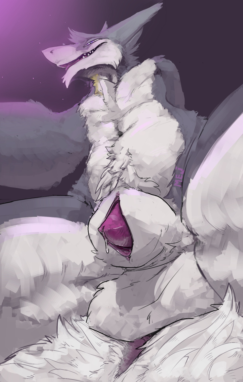 2018 animal_genitalia anthro anus balls biped blue_eyes body_hair butt_fluff cheek_tuft cock_worship countershading digital_media_(artwork) digital_painting_(artwork) fur glans gradient_background grey_background grey_fur half-length_portrait happy_trail keel kel looking_at_viewer looking_down low-angle_view lust male mammal markings mej nude penis penis_tip penis_towards_viewer pink_background portrait precum presenting presenting_penis reaching_towards_viewer sergal shaded sheath signature simple_background sitting snout solo spreading tail_between_legs tan_fur thick_tail tuft vilous_universe yellow_markings