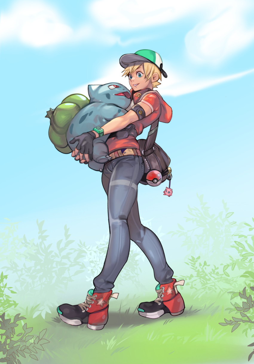 animal animal_hug armband bag baseball_cap black_gloves blonde_hair blue_eyes blue_sky bulbasaur character_doll cloud commentary day denim eye_contact gen_1_pokemon gloves hat highres holding holding_animal holding_pokemon hood hoodie jeans jigglypuff looking_at_another pants partly_fingerless_gloves poke_ball poke_ball_(generic) pokemon pokemon_(creature) pokemon_trainer red_eyes satchel shoes short_sleeves sky smile sneakers toxxy walking watch wristwatch