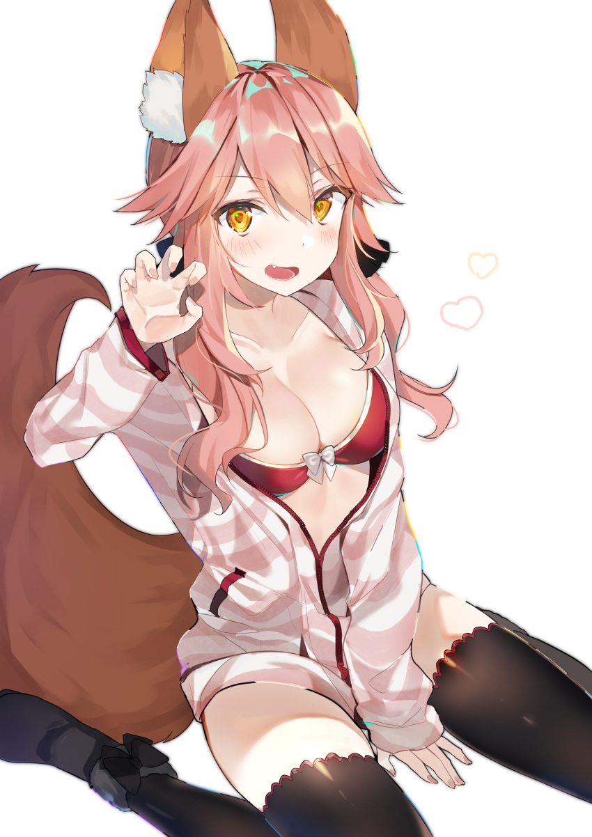 animal_ear_fluff animal_ears bad_revision black_bow black_footwear black_legwear black_scrunchie blush bow bow_bra bra breasts claw_pose downscaled_revision eyebrows_visible_through_hair fang fate/grand_order fate_(series) fox_ears fox_tail hair_between_eyes hair_ornament hair_scrunchie heart highres jacket long_hair long_sleeves looking_at_viewer md5_mismatch medium_breasts open_clothes open_jacket open_mouth pink_hair red_bra sabet_(young_ouo) scrunchie simple_background sitting solo striped_jacket tail tamamo_(fate)_(all) tamamo_no_mae_(fate) thighhighs underwear unzipped wariza white_background white_bow yellow_eyes zipper