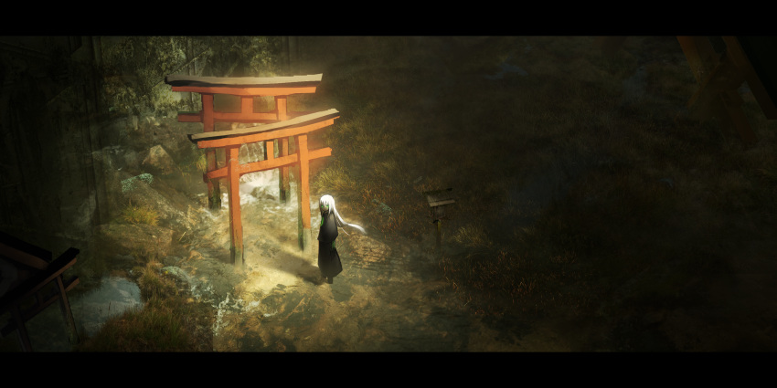 absurdres asuteroid capelet commentary_request floating_hair from_above grass highres iz_(asuteroid) letterboxed long_hair looking_at_viewer looking_up original outdoors robe ruins scenery solo standing torii water white_hair