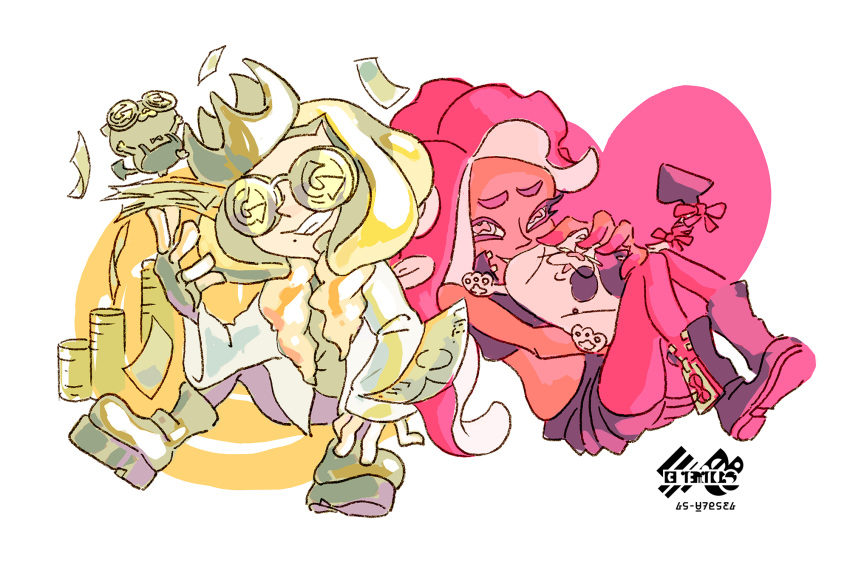 boots cat cephalopod_eyes coin commentary dollar_bill glasses highres hime_(splatoon) iida_(splatoon) inoue_seita jajji-kun_(splatoon) kojajji-kun_(splatoon) logo multiple_girls octarian official_art ribbon splatoon_(series) splatoon_2 stack tail tail_ribbon tentacle_hair