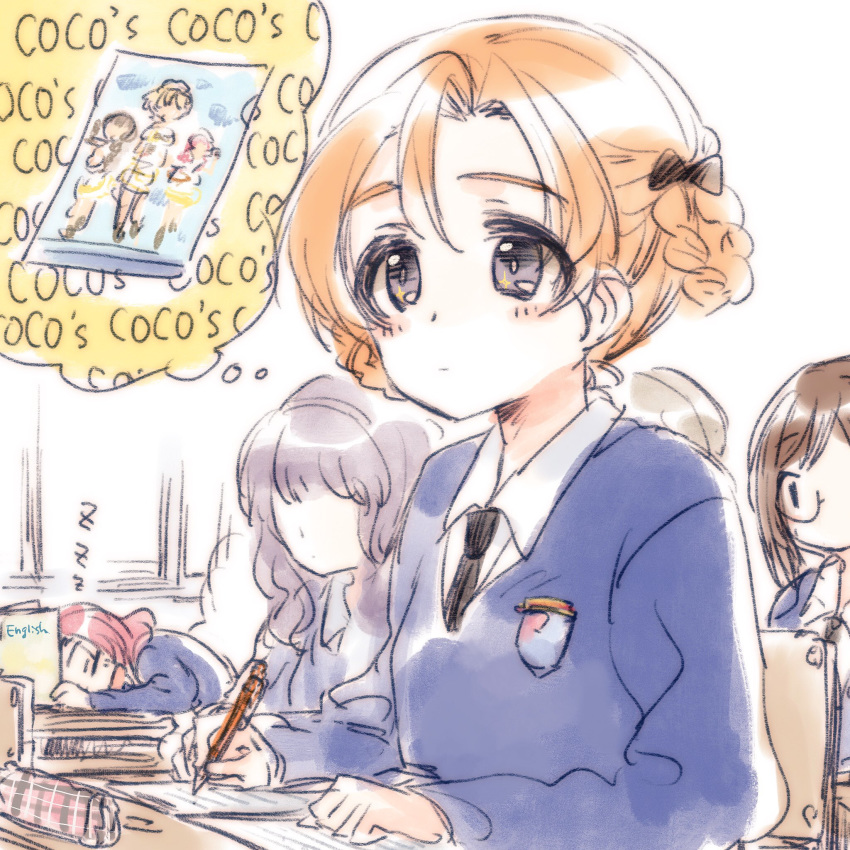 black_bow black_neckwear blue_eyes blue_sweater book bow braid brown_hair chair classroom closed_eyes coco's commentary copyright_name desk dress_shirt emblem english extra eyebrows_visible_through_hair faceless faceless_female girls_und_panzer glasses hair_bow highres holding holding_book holding_pencil indoors kuroi_mimei long_sleeves mechanical_pencil multiple_girls necktie nilgiri open_mouth orange_hair orange_pekoe pencil red_hair rosehip school_chair school_desk school_uniform shirt short_hair sitting sketch sleeping smile st._gloriana's_(emblem) st._gloriana's_school_uniform sweater thought_bubble tied_hair twin_braids v-neck white_shirt wing_collar zzz