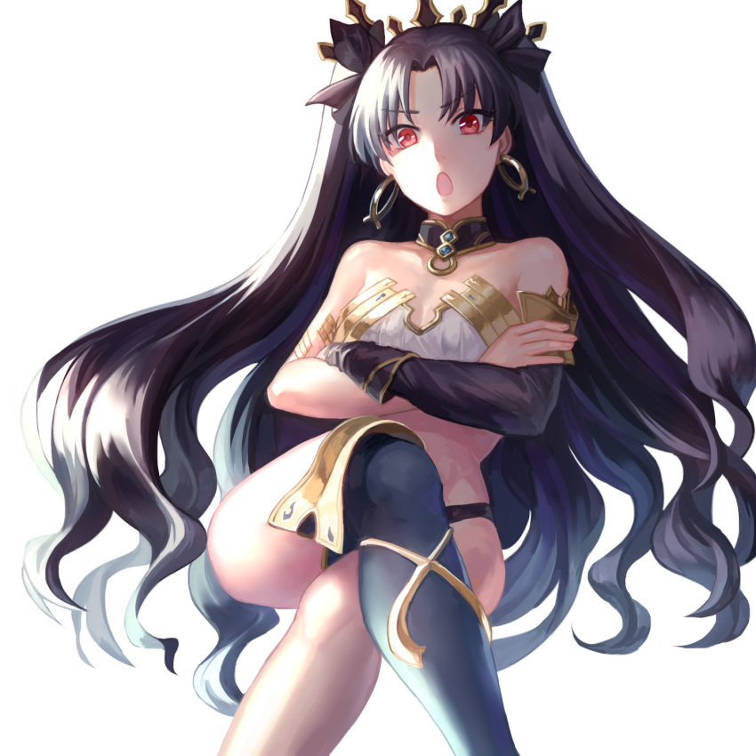 armlet asymmetrical_sleeves bangs bare_shoulders black_hair breasts choker collarbone crossed_arms crossed_legs earrings eyebrows_visible_through_hair fate/grand_order fate_(series) feet_out_of_frame hair_ornament hair_ribbon highres hoop_earrings ishtar_(fate/grand_order) jewelry long_hair long_legs looking_at_viewer mashiro_(sora1031) open_mouth red_eyes ribbon simple_background single_thighhigh small_breasts solo thighhighs very_long_hair white_background