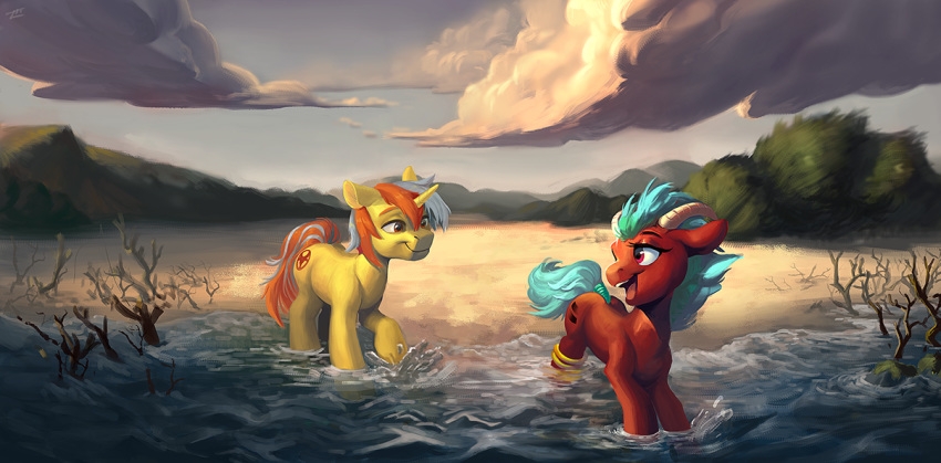 2018 cutie_mark day detailed_background digital_media_(artwork) duo equine fan_character female feral hair hooves horn locksto male mammal my_little_pony orange_hair outside partially_submerged sky smile standing unicorn water