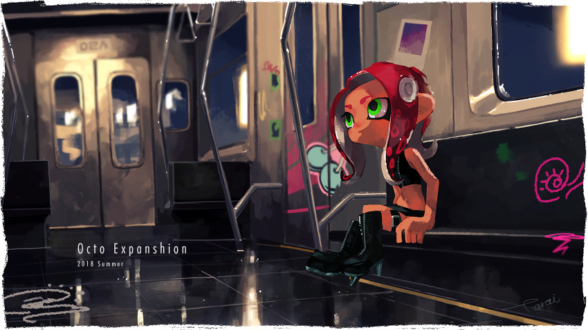 2018 black_skirt boots commentary_request copyright_name engrish green_eyes ground_vehicle high_heels highres navel octarian octoling pink_hair ranguage sitting skirt sleeveless smile solo splatoon_(series) splatoon_2 splatoon_2:_octo_expansion squidbeak_splatoon stomach tan tarai_(silica5) tentacle_hair train train_interior
