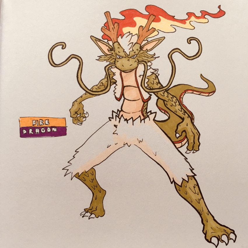 2018 3_toes 4_fingers action_pose alternate_color alternate_species ambiguous_gender anthro athletic belly_scales biped brown_horn cheek_tuft claws countershade_tail countershade_torso countershading dragon eastern_dragon english_text fak&eacute;mon fire firefightdex flaming_hair flesh_whiskers full-length_portrait fur furred_dragon green_scales green_tail hair head_tuft horn infernape leg_tuft long_tail marker_(artwork) mfanjul multicolored_scales multicolored_tail muscular muscular_ambiguous nintendo nude pen_(artwork) pok&eacute;mon pok&eacute;mon_(species) portrait pose pseudo_clothing raised_heel red_tail scales scalie shadow short_hair simple_background smile smug solo standing tan_countershading tan_scales tan_tail text toe_claws toes toony traditional_media_(artwork) tuft two_tone_scales video_games white_background white_claws white_fur white_hair