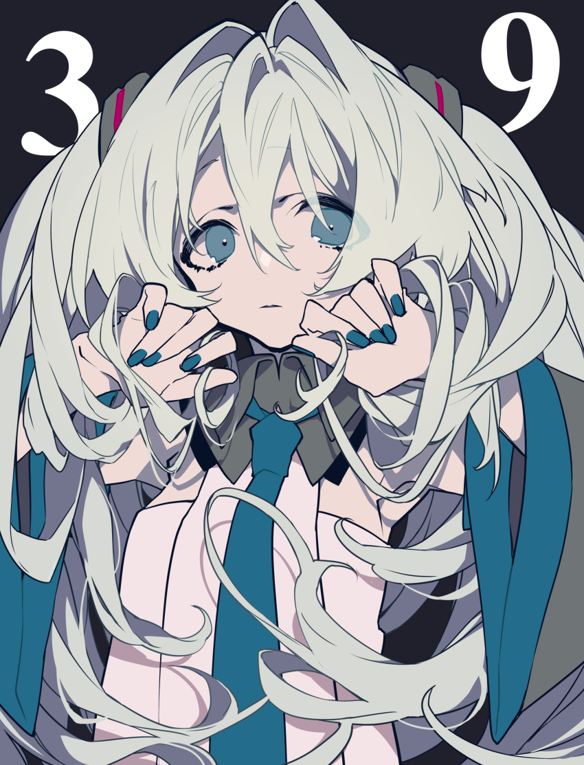 39 absurdres aqua_hair blue_eyes blue_nails blue_neckwear closed_mouth commentary_request detached_sleeves hair_between_eyes hatsune_miku highres long_hair long_sleeves looking_at_viewer mochizuki_kei nail_polish solo twintails vocaloid wide_sleeves