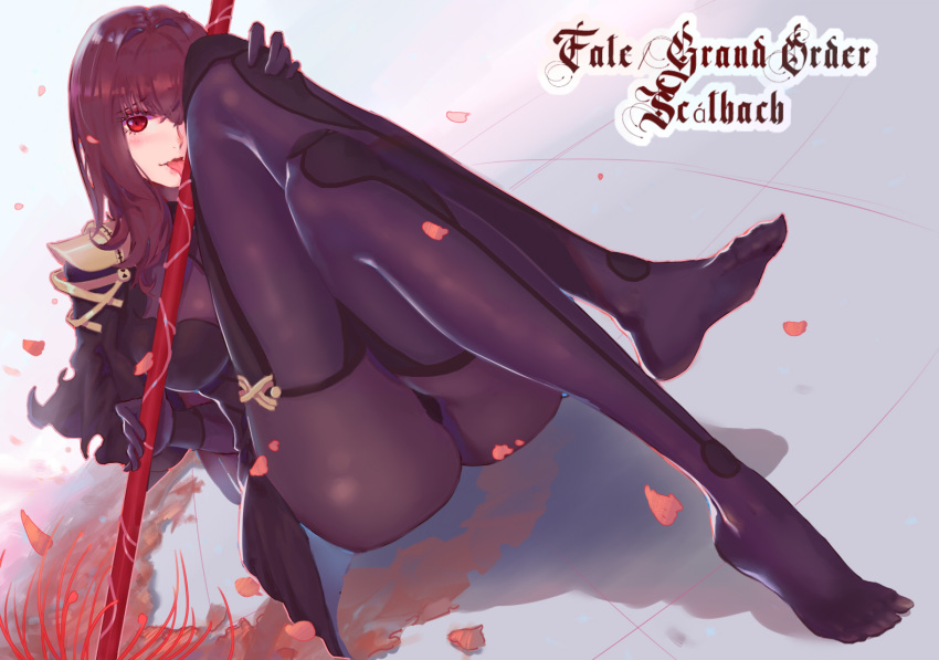 armor ass atianshi between_legs bodysuit breasts commentary crossed_legs error fate/grand_order fate_(series) gae_bolg holding holding_weapon large_breasts legs long_hair pauldrons polearm purple_bodysuit purple_hair red_eyes scathach_(fate)_(all) scathach_(fate/grand_order) shoulder_armor sitting sitting_on_floor skin_tight solo spear tongue tongue_out weapon wrong_feet