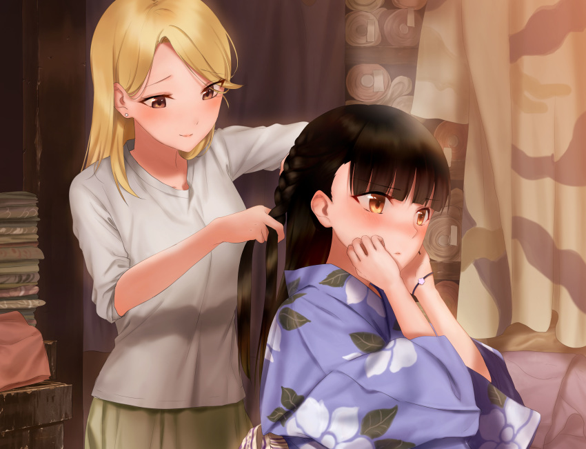 absurdres asaba0327 black_hair blonde_hair blush braiding_hair commentary_request curtains earrings floral_print hair_ribbon hairdressing hands_on_own_cheeks hands_on_own_face highres indoors japanese_clothes jewelry kimono long_hair multiple_girls original pile ribbon shirt traditional_clothes white_shirt yukata