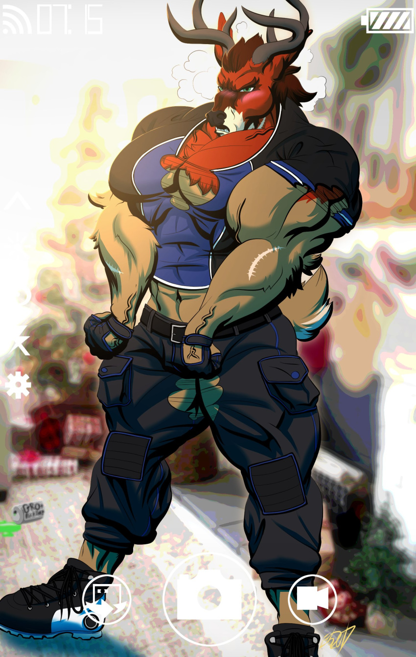 anthro antlers cervine christmas christmas_tree clothed clothing deer eda fingerless_gloves footwear gloves holidays horn looking_at_viewer male mammal muscular muscular_male shoes solo standing tree veiny_muscles