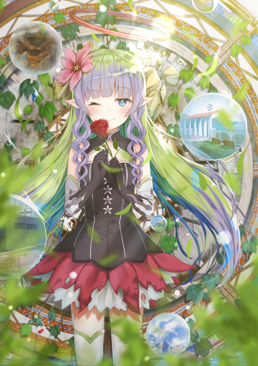 absurdres ames blue_eyes flower hair_flower hair_ornament highres isutoon_(ist3129) one_eye_closed pointy_ears princess_connect! princess_connect!_re:dive purple_hair ringlets rose
