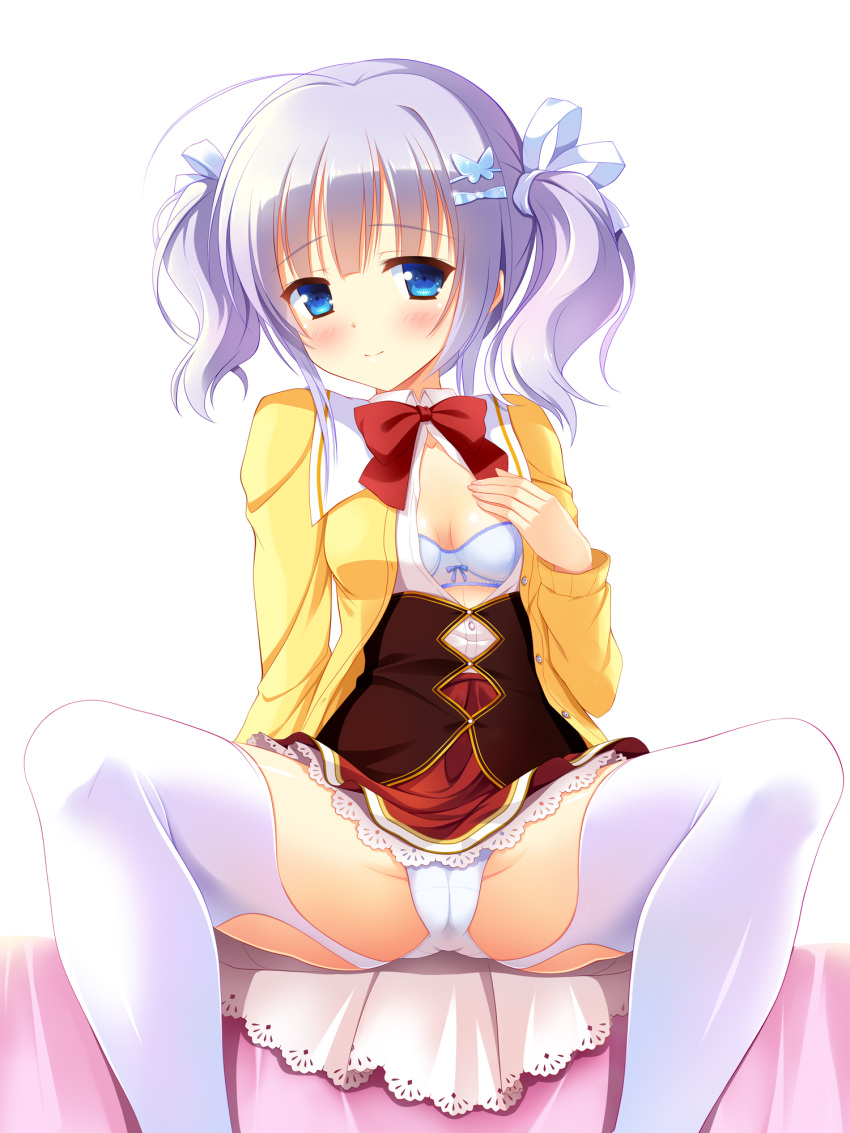 amairo_islenauts bangs bashen_chenyue blue_bra blue_eyes blue_ribbon blush bow bow_bra bowtie bra breasts cameltoe closed_mouth collared_shirt corset dress_shirt eyebrows_visible_through_hair garter_straps hair_ornament hair_ribbon hairclip hand_on_own_chest highres jacket lace lace-trimmed_skirt lavender_hair long_sleeves looking_at_viewer miniskirt open_clothes open_shirt panties pantyshot red_neckwear red_skirt ribbon shiraga_airi shirt short_twintails sitting skirt small_breasts smile solo spread_legs thighhighs twintails underwear white_background white_legwear white_panties white_shirt wing_collar yellow_jacket