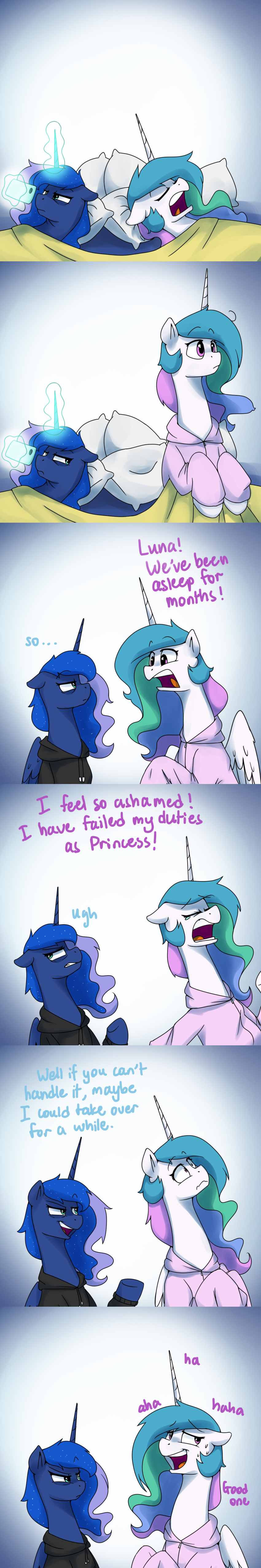 2018 absurd_res anticularpony comic dialogue duo english_text equine female feral friendship_is_magic hair hi_res horn magic mammal multicolored_hair my_little_pony pillow princess_celestia_(mlp) princess_luna_(mlp) sibling sisters text winged_unicorn wings