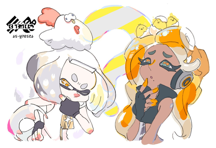 ? animal animal_on_head bangs bird black_gloves blonde_hair blunt_bangs cephalopod_eyes chick chicken closed_mouth commentary crop_top dark_skin eggshell fingerless_gloves gloves hime_(splatoon) iida_(splatoon) inoue_seita mole mole_under_mouth multiple_girls octarian official_art on_head one_eye_closed short_hair simple_background sleeveless splatoon_(series) splatoon_2 tentacle_hair white_background white_hair yellow_eyes