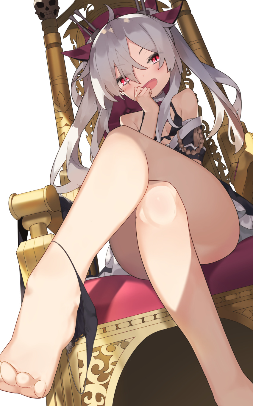 azur_lane bangs bare_legs bare_shoulders barefoot bikini_top black_bikini_top black_panties bow breasts commentary_request crossed_legs eyebrows_visible_through_hair feet from_below front-tie_bikini front-tie_top hair_bow hair_ornament hand_to_own_mouth highres long_hair looking_at_viewer open_mouth panties panties_around_one_leg red_bow red_eyes shishamo_(maraosan3) silver_hair sitting small_breasts solo throne toes twintails underwear vampire_(azur_lane) very_long_hair white_background